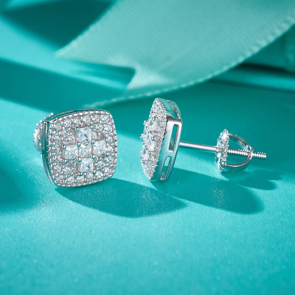 Moissanit Echte Herren Echte Solide 925 Sterling Silber Vereiste Hip Hop Quadratische Ohrringe