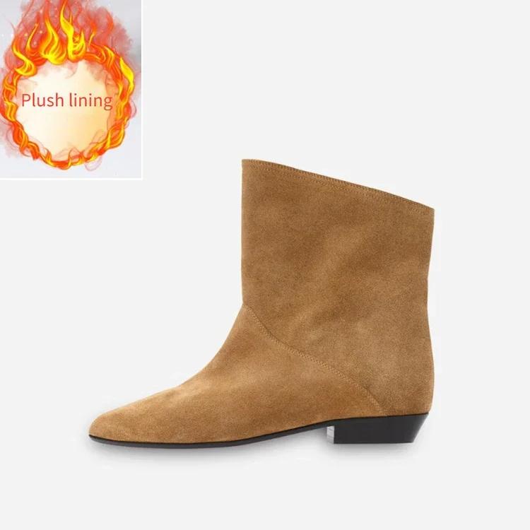 Fashion New Fashion Black Lazy Pleated Cow Suede Ankle Boots Autumn Winter Round Head Low-heel Short Plush Warm Women Boot Size 34-43