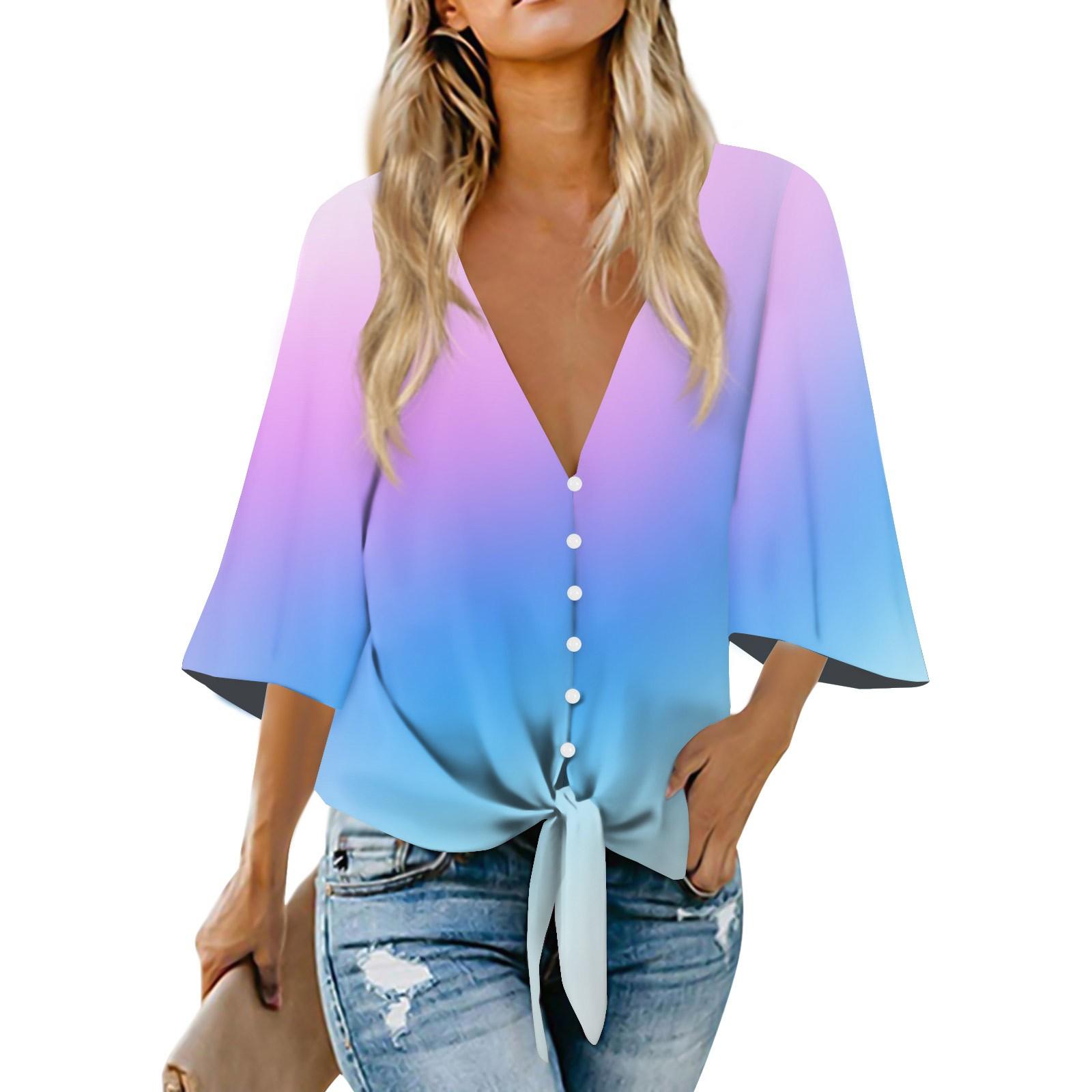 

Женский модный повседневный топ с v-образным вырезом и градиентным принтом, рукавами 3/4 и завязками на пуговицах XXL
