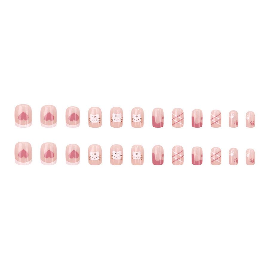 Clear Pink Cat Plaid Wearable Nail Stickers - French Strawberry Milk Theme, 24 Pieces