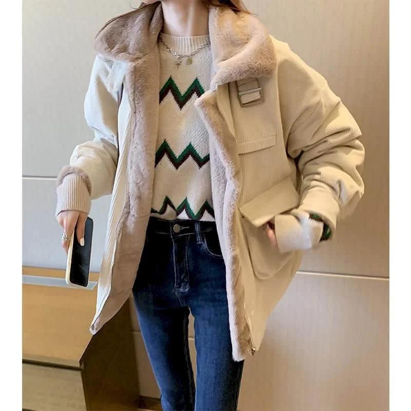 Vintage Corduroy Jacket Women Streetwear Oversized Lamb Wooln Coats Winter Ladies Korean Pockets Fleece Thicken Outwear Tops