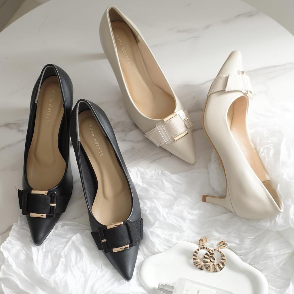 [AmiAmi] Women's Pointed Toe Pumps with Buckle, 6cm Heel, Comfortable for Walking, Leg-Lengthening Effect (Black (Smooth), 24.0cm-24.5cm) KH7544