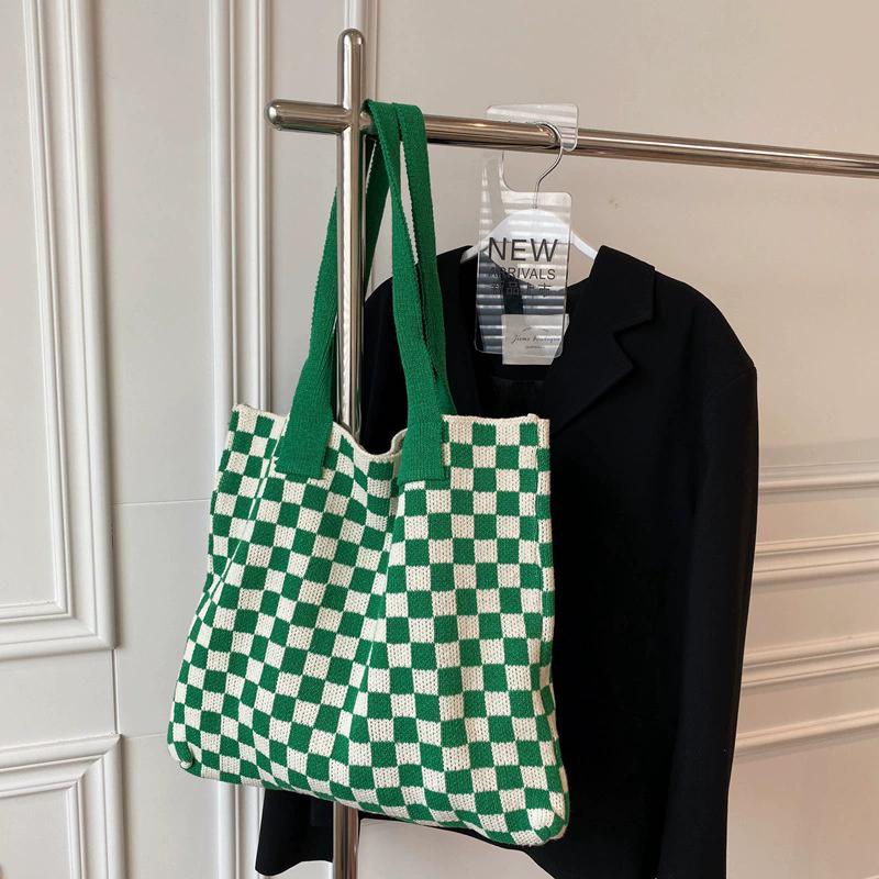 Women s Simple Checkerboard Tote Bag, Casual Trendy Large Capacity Shoulder Bag, Fashion Checkered Pattern Shopping Bag зелёный