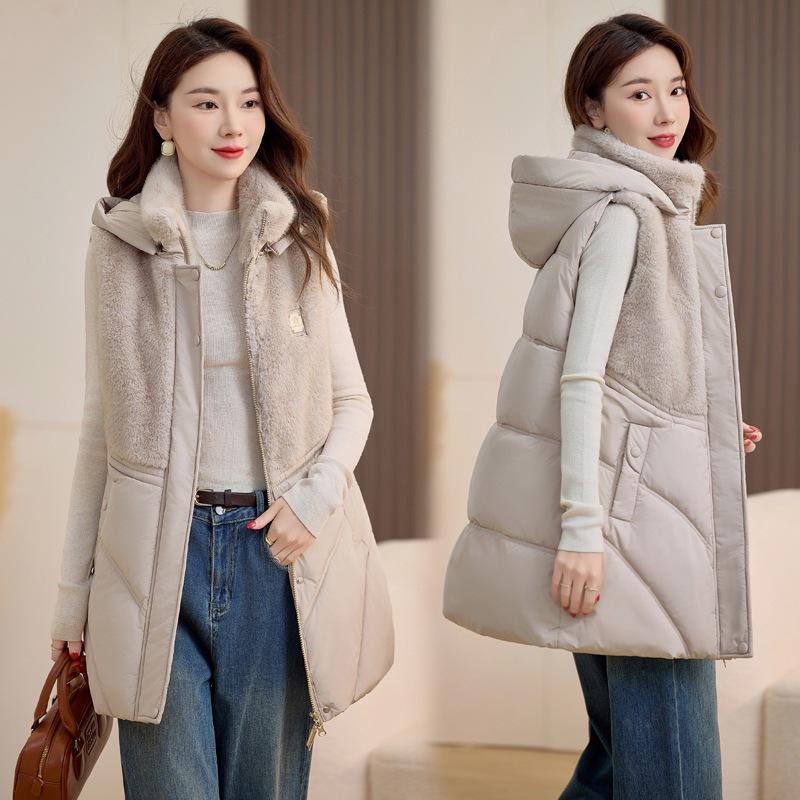 

Winter imitation mink splicing cotton vest medium female mother sleeveless cotton dress new hooded warm vest S