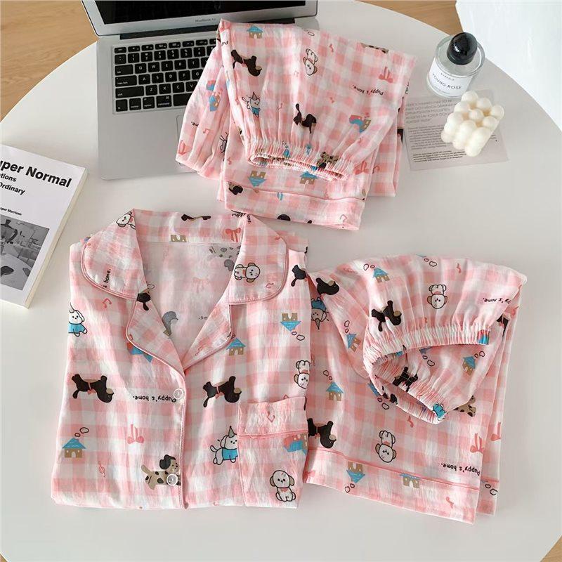 Set de pijamale de vară pentru femei cu pisicuță: Bumbac Nor Scutec cu Mânecă Scurtă, Pantaloni Scurți și Pantaloni Lungi