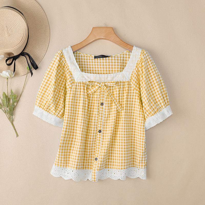 ZANZEA Women Lace Splice Square Collar Casual Short Sleeve Grid Print Blouse