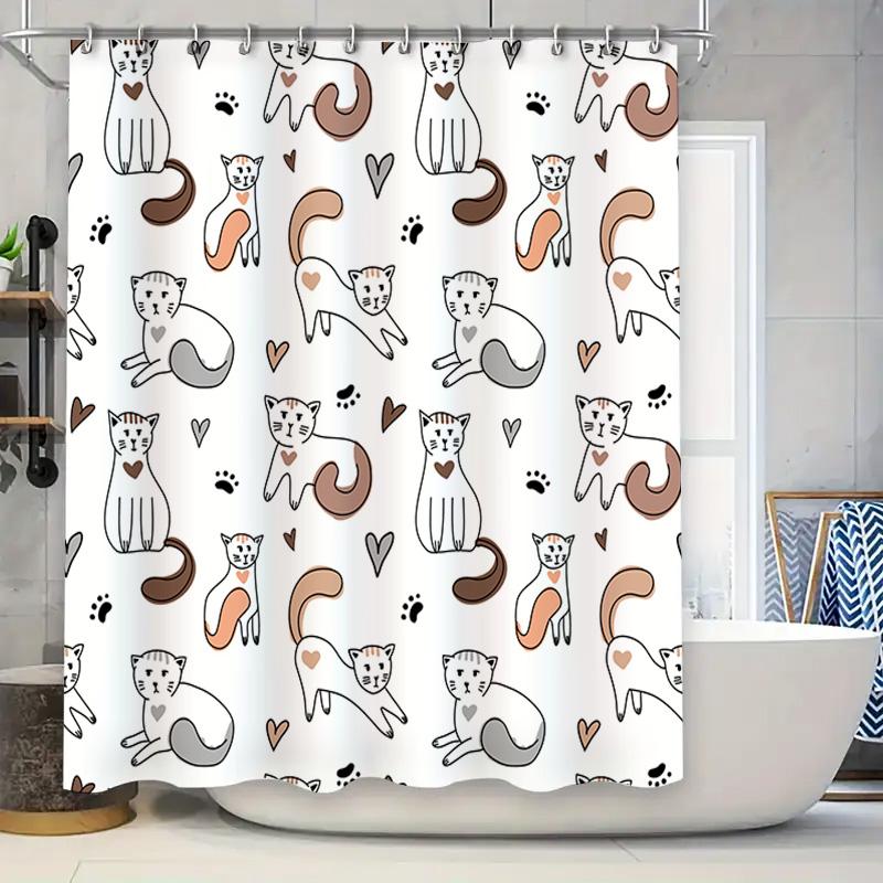 

Handmade Cartoon Cat Shower Curtain White Polyester Fabric For Home Decoration In Bathroom Accessories White + Beige + Orange Co W60H190(CM)-1 Pcs