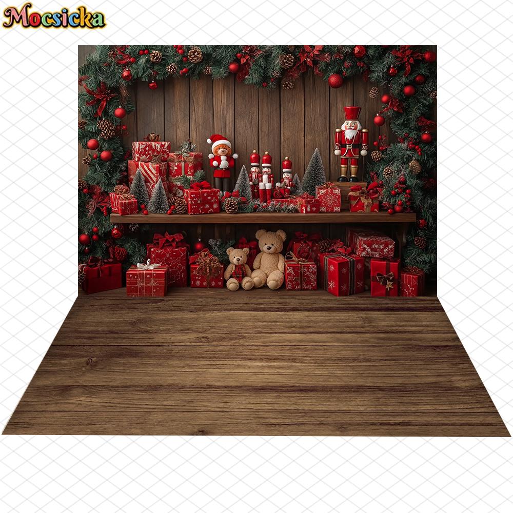 Mocsicka Christmas Photography Background Happy New Year Party Wooden Floor Wall Xmas Tree Bear Gift Decor Family Photo Backdrop