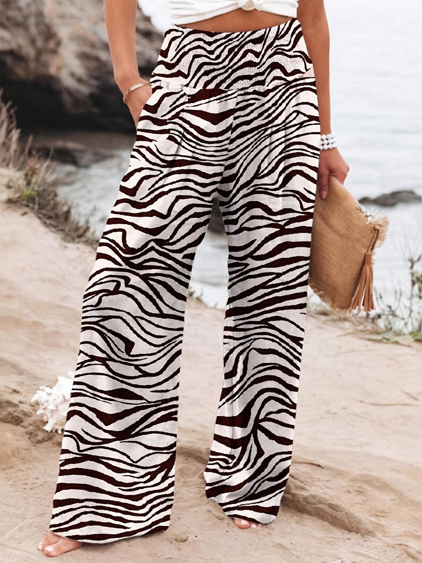 

European Plus Size Women s Zebra Print Wide Leg Pants - White (No Brand Tag) 1XL білий