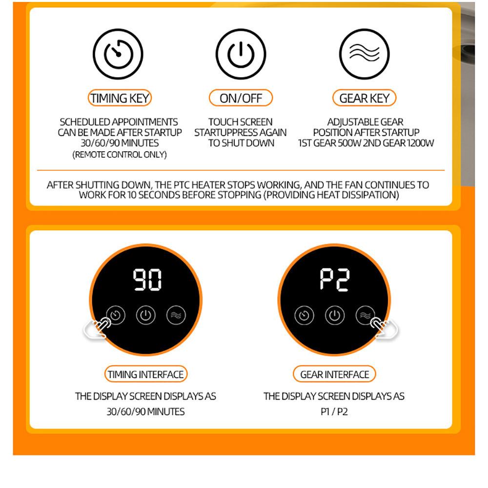 1200W High Power Portable Electric Heater Touch Screen Timing Electric Warmer Household Remote Control  Heating Fan
