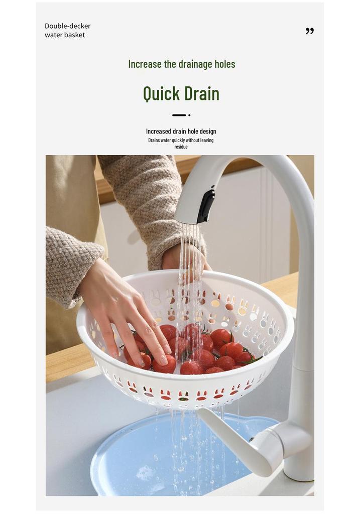 Double-Layer Round Drain Basket: Kitchen Plastic Rice & Vegetable Washing Basin