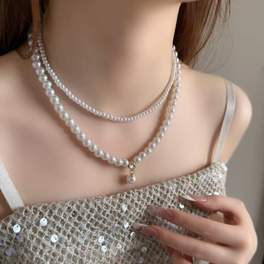 French Double Layer Single Pearl Necklace, Unique Elegant Stackable Clavicle Chain