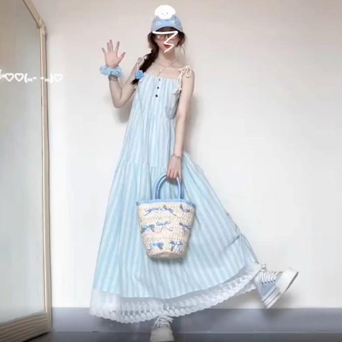

[Original practice] French temperament blue striped suspender dress children summer small seaside vacation long S