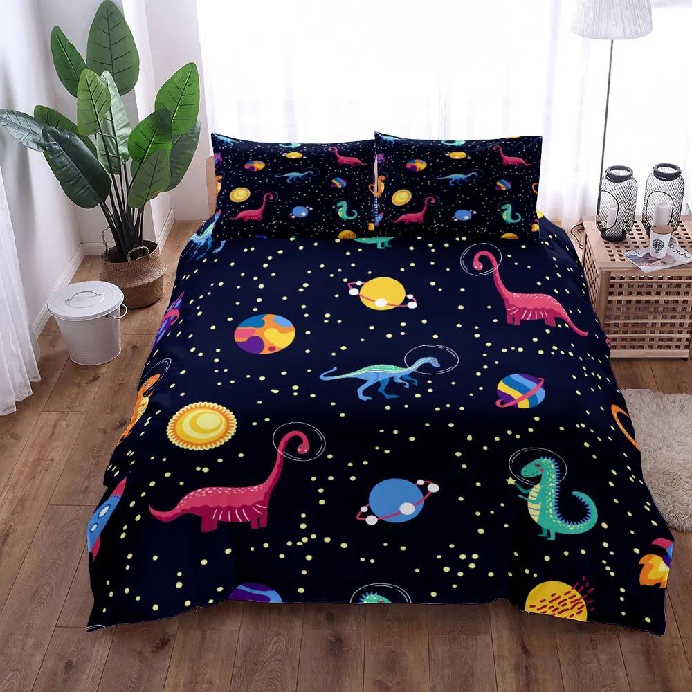 3D Dinosaur Space Night Duvet Cover Set King Queen Double Full Twin Single Size Navy Blue Bedding