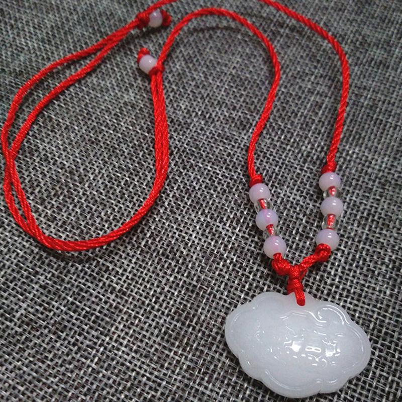 Buddhist White Jade Hand Woven Pendant Necklace Lotus Guanyin Buddha Long Life Lock Pendant Lucky Necklace