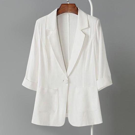 Women Summer Suit Coat Lapel 3/4 Sleeve Slim Fit Casual Jacket Single Button Flap Pockets Solid Color Sunscreen Coat