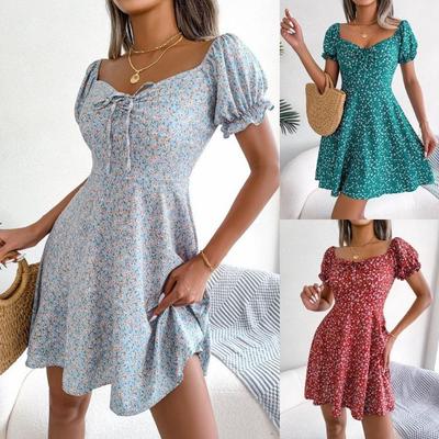 Kobiety Sukienka Floral Swing Casual Rękaw Rozkloszowany Sznurowana Sznurek Wiosna Lato Rozmiary S XXL