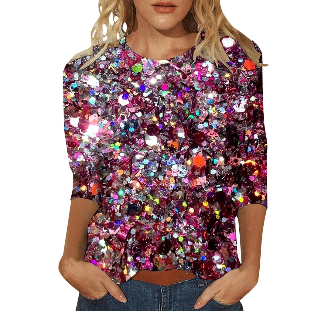Spring and Autumn Round Neck 3D Glitter Pattern Printed Top Fashionable Casual Long Sleeved Women's T-shirts