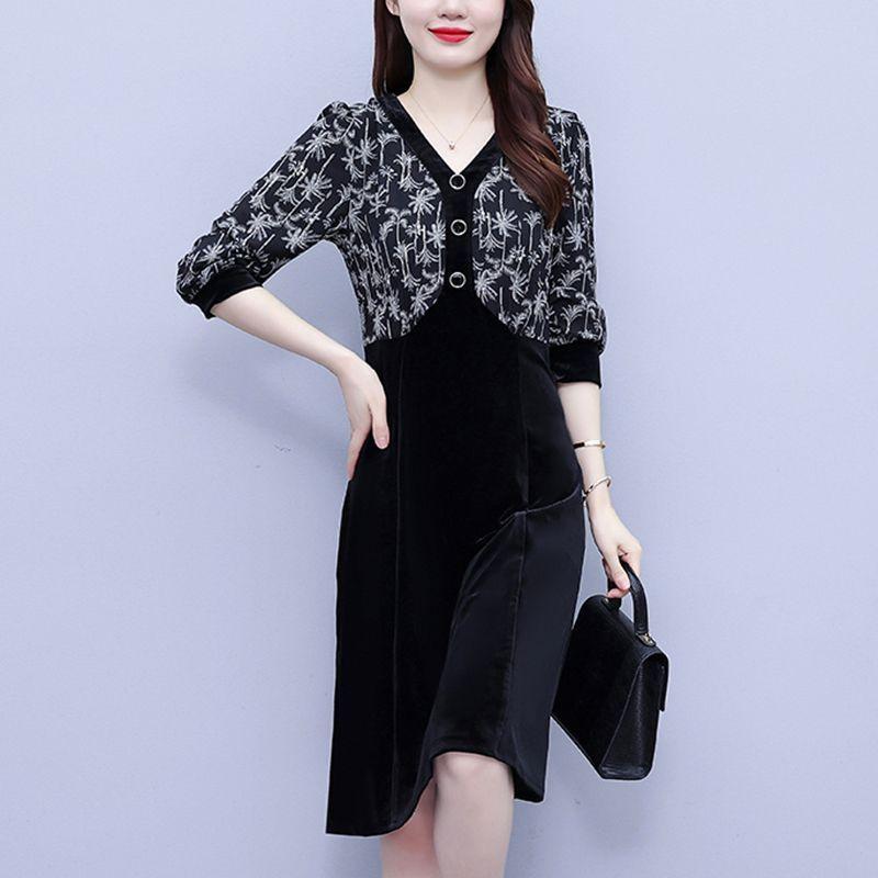 

Large size women s fake two-piece velvet skirt, early autumn new fat sister temperament thin belly floral dress XXXXL чорний
