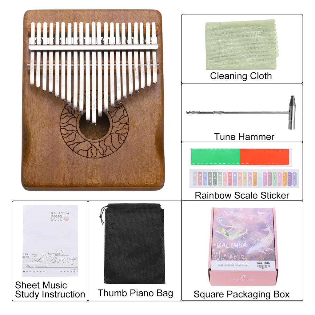 Uxcell 21-Key Thumb Piano Mini Portable Finger Piano Solid Core Wood Deep Brown Flower Pattern Handrail Tuning Hammer Music Learning Guide Gift for