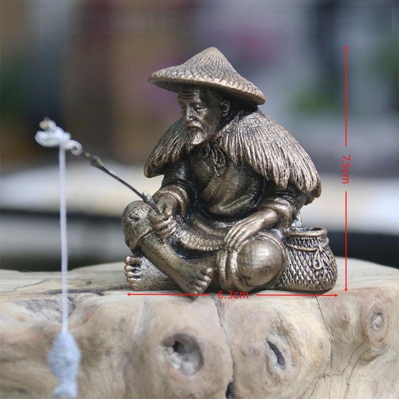 1 Stück Aquarium Mini Fischer Statue Asiatisch Zen Heimdekoration Aquarium Garten Sitzen Angeln Sandstein Vintage Ornament
