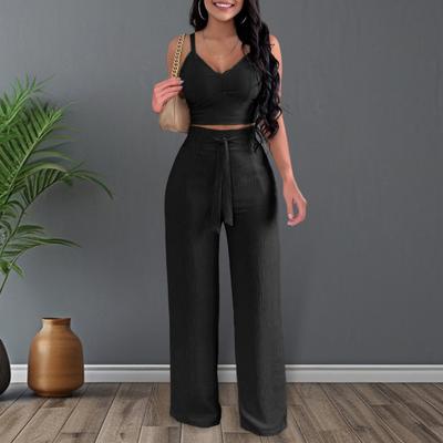 Two Pieces Outfit for Women V-Neck Sleeveless Strappy Crop Top Wide Leg Pants Set Casual Summer Lounge Wear for Beach Vacation