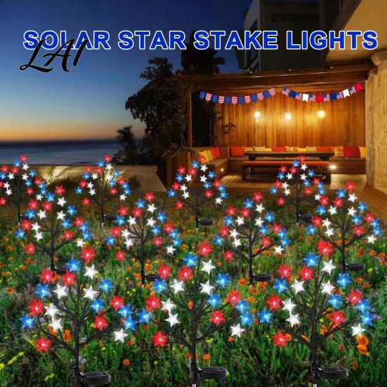 Independence Day Yard Decorations 4th of July Solar Garden Lights Red White Blue Star Outdoor Summer Party Lighting String Waterproof Flexible