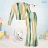 Girls Dark Blue Printed Round Neck Long Sleeve Top And Flared Pants Two Piece Set