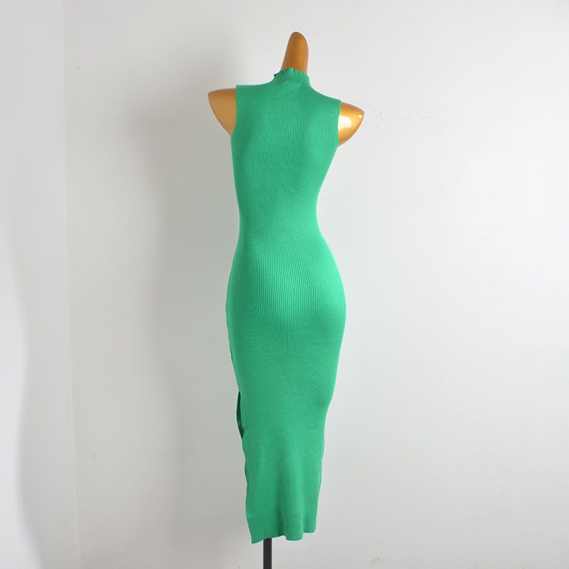 Foreign Trade Single Half Turtleneck Knitted Dress for Women Spring and Summer New Solid Color Long Dress Hot Girl Slim Sleeveless Vest Dress