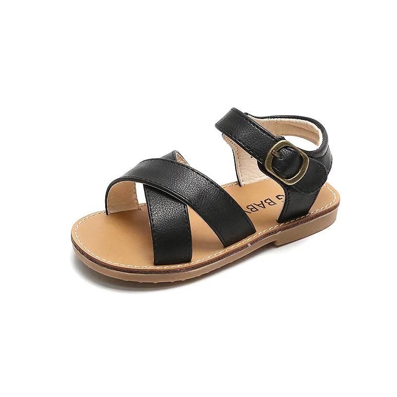 Fashion Cross-tied Sandals for Girls Cool Beach Slids Kids Shoes Boys Classic Black White Child Footwear School Shoe H01105