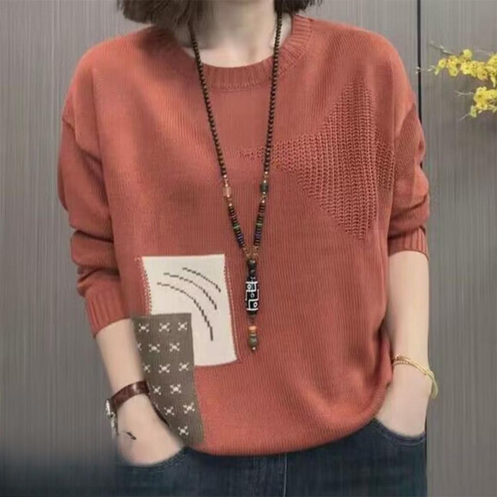 Spring Autumn Women's Casual Loose Sweater In Contrasting Color with Long Sleeves Round Neck In Famous Ethnic Style, Fashionable Knitted Sweater