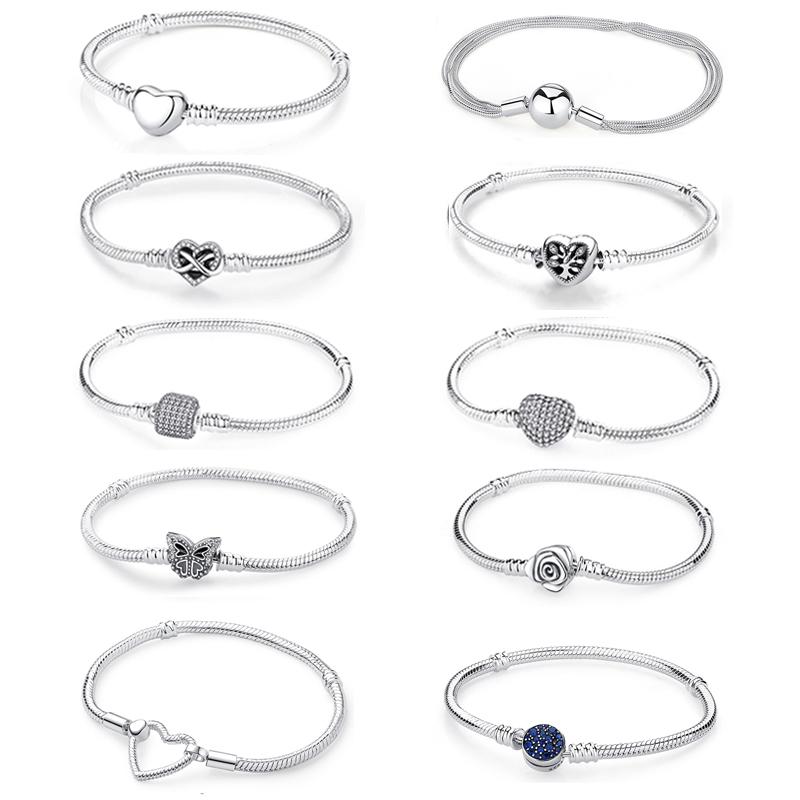 Original 925 Silver Bracelets Love Heart Moon Flower Butterfly Pave CZ Bracelets For Women DIY Jewelry Party Gift