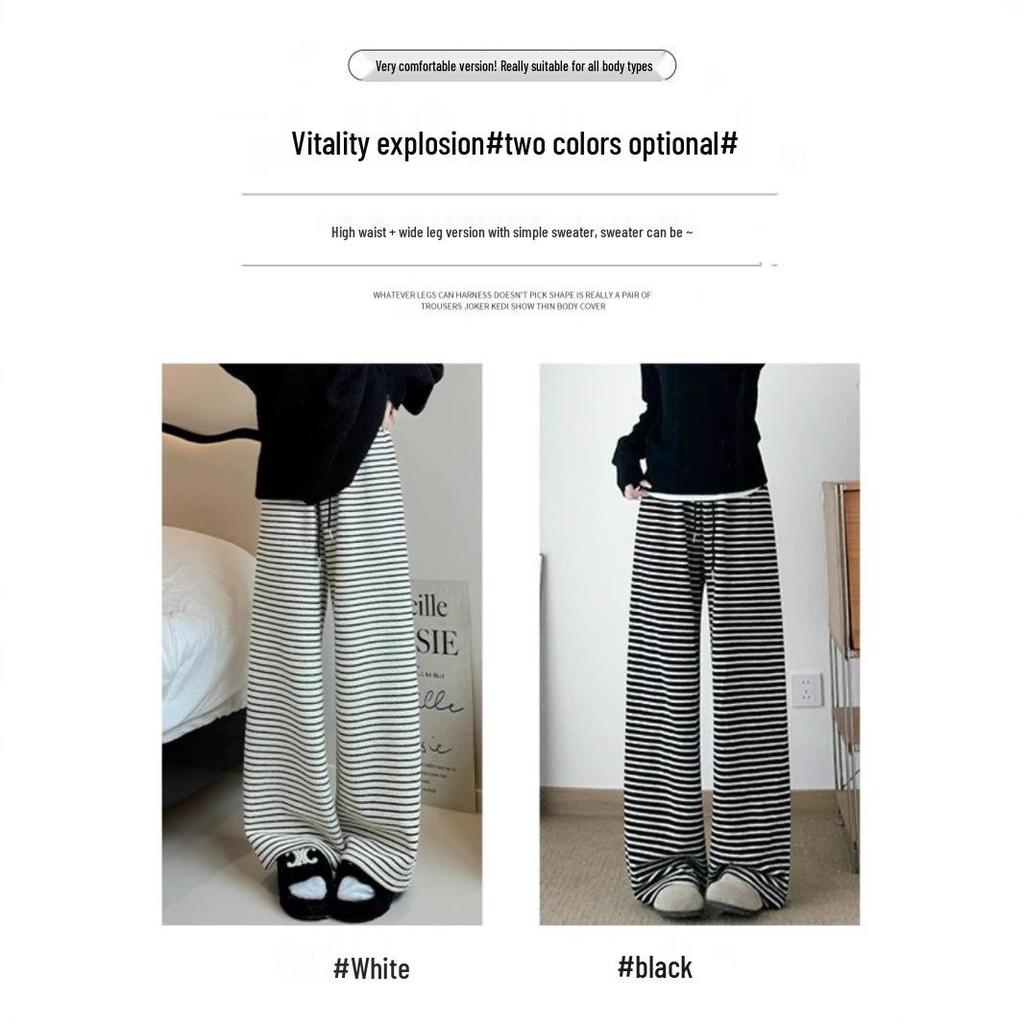 Women's Petite High-Waisted Black & White Striped Wide-Leg Pants - Autumn/Winter Casual Loose Fit with Plus Velvet