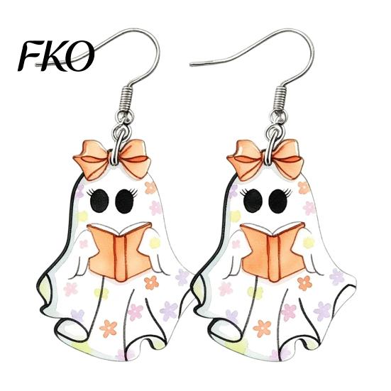 Hypoallergenic Alloy Hooks Cute Reading Ghost Earrings, Sweet Bowknot Drop Polished Acrylic Charms Lightweight Halloween Jewelry for Women Girls