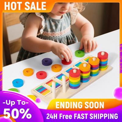 Wooden Color Sorting Stacking Toys with Racks Rings Montessori Toys Rainbow Ring Game Educational for Ages 3+ Boys Girls Gift