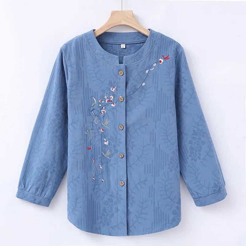 

Long Sleeve Round Collar Shirt Grandma Embroidered Cardigan Spring Autumn Pure Cotton Girl Middle-aged Elderly XL синий