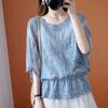 Flower Half Sleeve Shirt Women Elegant Fashion Chiffon Blouse Summer Cotton Edge Lace O Neck Loose Shirt