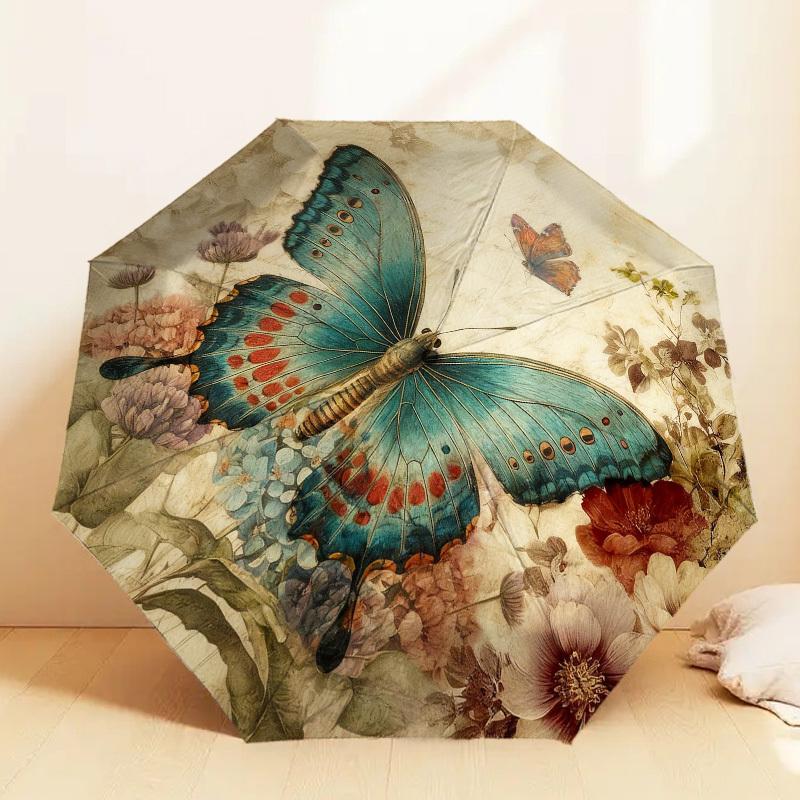 1pc Butterfly Flowers Automatic Folding Umbrella, Heavy Duty 8 Rib Iron Frame,  Suitable for Travel, Daily Use, Birthday, Decor Gift m0104088