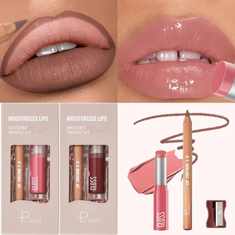 2 ks Sady kombinací tužky na rty, lesku na rty a rtěnky, efekt vodního světla s vysokým leskem, lesklá želé pevná rtěnka a matná konturovací tužka na rty pro konturovací make-up