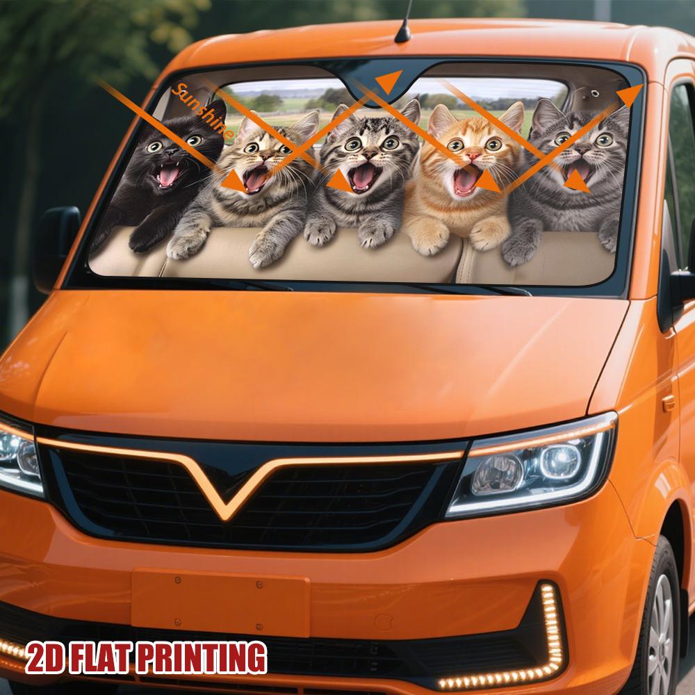 1Pcs Surprised Kittens Pattern Windshield Sunshade UV Rays Heat Blocker Keeps Vehicle Cool Unique Design Fit Sedans SUVs RVs