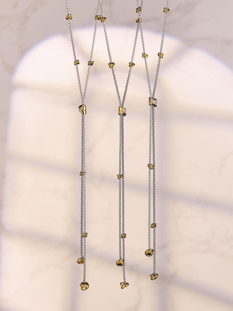 Two-tone Zircon Pull-out Necklace: European & American Style, Stainless Steel, Niche Ins Design, High-end Jewelry