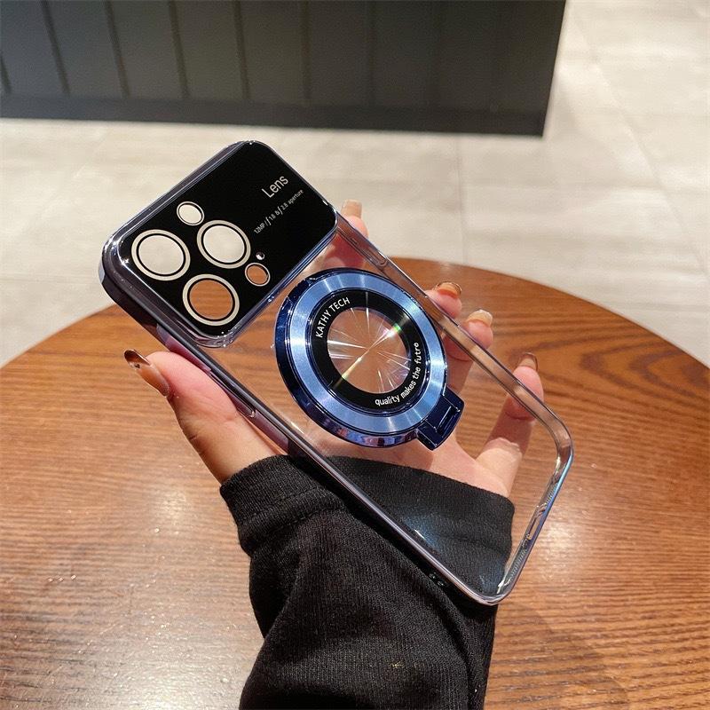 Applicable To Apple 14 Electroplated Large Window Magnetic Suction Bracket Mobile Phone Case IPhone 15 Pro Leak-proof Cover