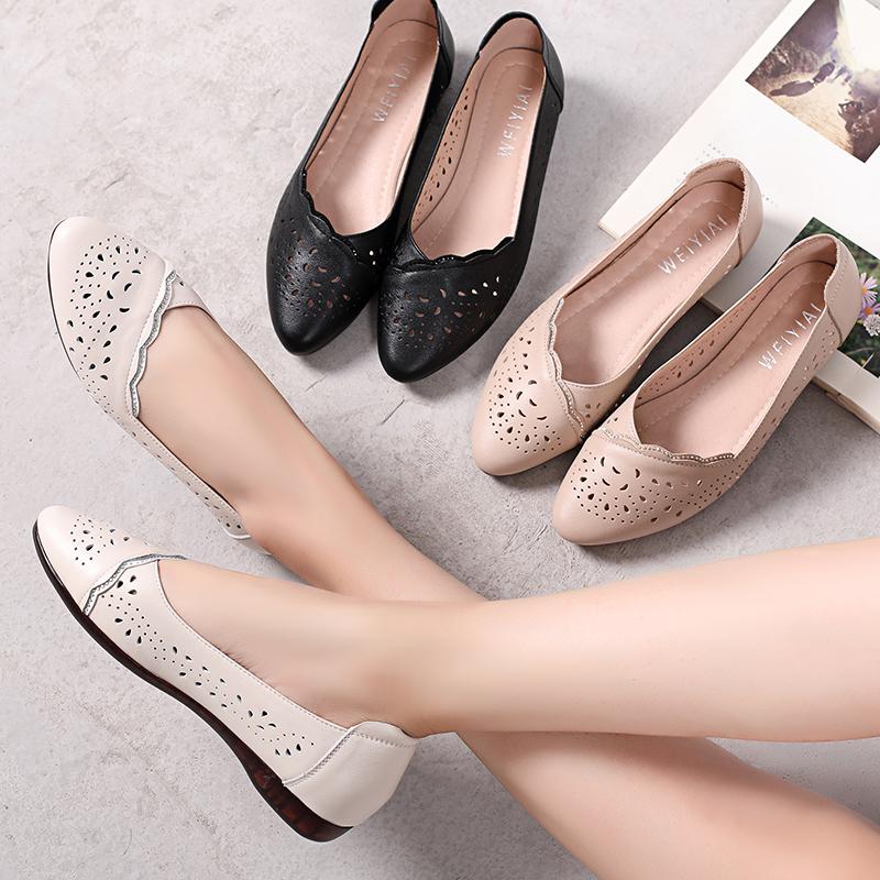 Fashion GKTINOO Breathable Genuine Leather Summer Shoes Woman 2025 Flat Low Heel Mother Hollow Out Leather Slip On Shoes For Women Soft
