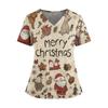 Women's Christmas Print V-Neck Double Pocket Short Sleeves Hem Slit Uniform And Caregiver Top