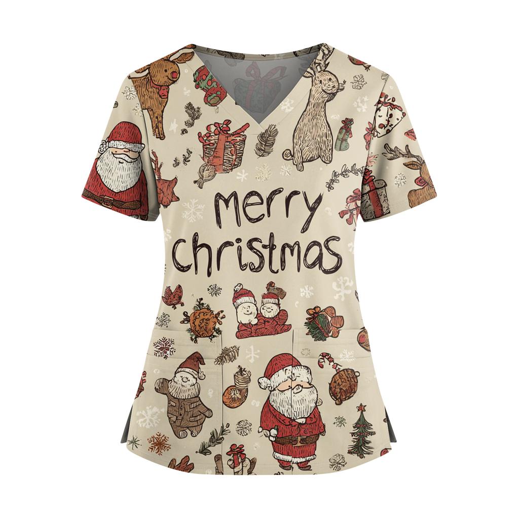 Women's Christmas Print V-Neck Double Pocket Short Sleeves Hem Slit Uniform And Caregiver Top