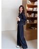 Women's Plus Size Spring & Autumn Denim Suit: Round Neck Jacket & Wide Leg Pants - Unique Two-Piece Set for Young Mothers.