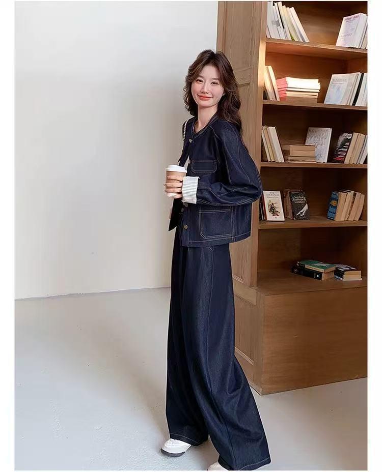 Women's Plus Size Spring & Autumn Denim Suit: Round Neck Jacket & Wide Leg Pants - Unique Two-Piece Set for Young Mothers.