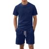 Men's Casual 2 Piece Waffle Knit Outfit Crew Neck Short Sleeve T-shirt with Chest Pocket & Elastic Waist Drawstring Shorts Light Blue