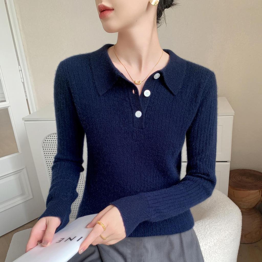 Women's Elegant Cashmere Polo Neck Sweater - Warm, Wide Ribbed Knit Base Layer for Autumn/Winter