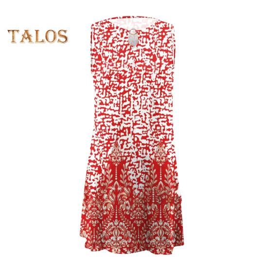 Damen Boho Ärmelloses Mini-Kleid Rundhalsausschnitt Bedrucktes Kurzes Tankkleid Sommer Lässig Strand Swing Sonnenkleid